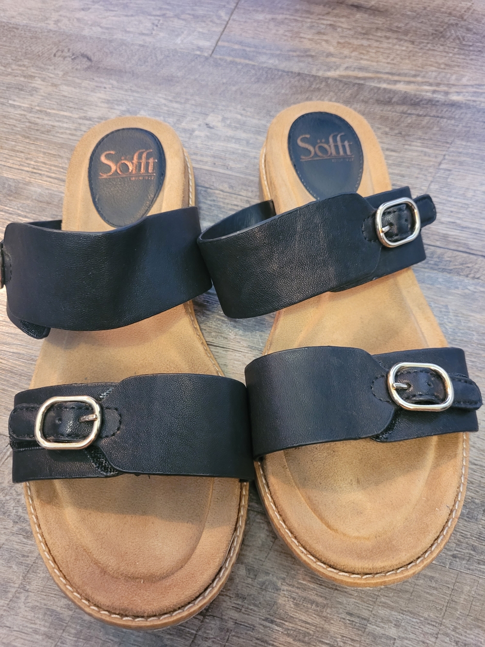 Black Leather Sofft Size 8 Double Strap Slide Sandals Buckle Detail
